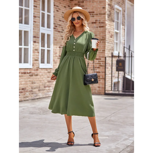 Di alta qualità nuovo autunno donna donna manica lunga <span class=keywords><strong>elegante</strong></span> chemise moda Casual tinta unita abiti Midi - Product Image 4