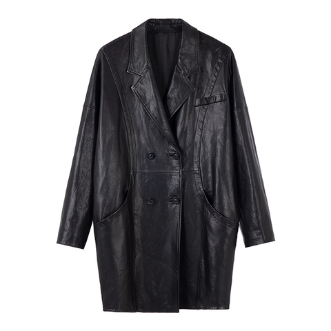 5211 Vegetable Tanned Sheepskin with European and American Style Double Breasted Mid Length Leather Coat