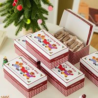 Boîte à friandises vintage rouge à carreaux vichy avec motif animalier de dessin animé, boîte d'emballage rectangulaire en papier pour biscuits et cadeaux de Noël