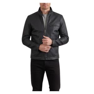 Chaqueta de Cuero Vacuno Negro Hecha a Mano de Primera Calidad para Hombre, Cuello Alto, Invierno, Logotipo Frontal, para Motocicleta y Uso Casual - Product Image 1