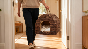 เตียงแมวและบ้านไม้ทรงกลมพกพาสะดวกเป็นมิตรกับสิ่งแวดล้อมสำหรับสุนัขและแมวมีขนยาว - Product Image 2