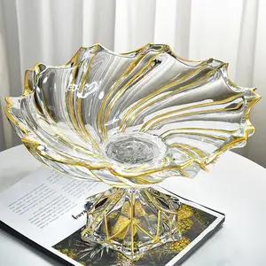 Luxury Modern Footed Fruit Bowl Gold Whirlwind Pattern Decorative Glass Fruit Bowls With Stand