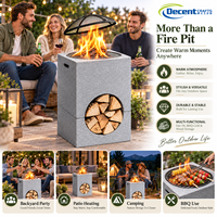Brasero rectangulaire d'extérieur en béton avec grille, rangement pour bois et écran anti-étincelles en maille, pour jardin et patio