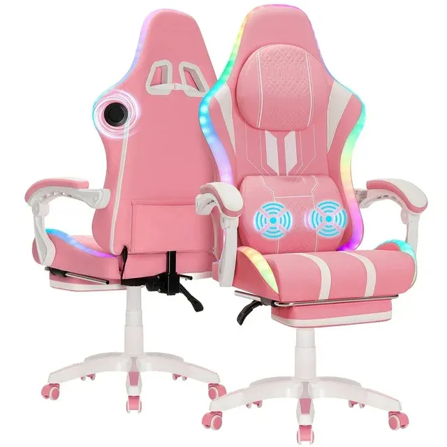 Preiswerter rosa Liegesessel Silla Gamer Renn- und Computerspielstuhl Led rosa Spielstuhl mit Lautsprechern und Massage