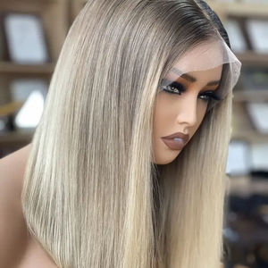 Cabello Virgen Personalizado para Peluca, Cabello Humano Europeo, Corte Bob Mediano, Encaje Transparente, Color Castaño Ceniza con Reflejos Rubios Claros - Product Image 1