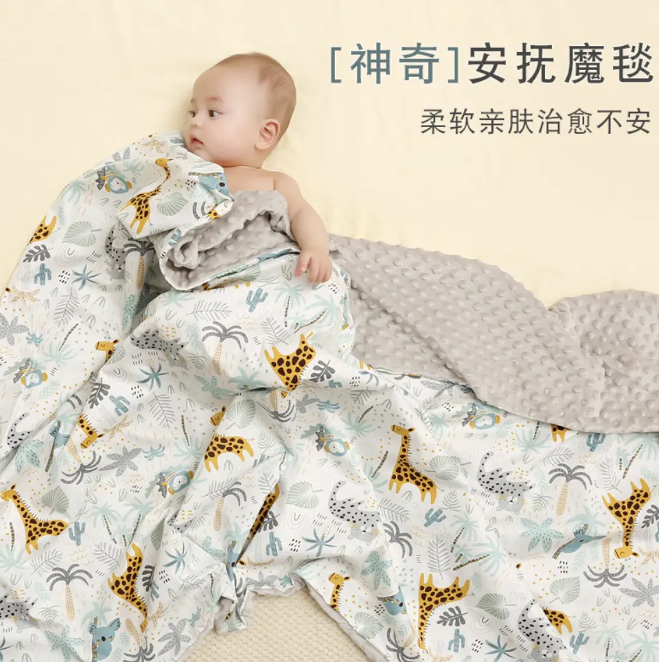 2023 Cartoon Printed 100% cotton Sublimation Soft Minky Dot Fabric Plush Double Layer Doudou Baby Blanket Quilt bedding Newborn