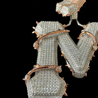 Pendentif Lettre Initiale Personnalisé Effet Épine Sertie de Pierres, en Argent Sterling S925 et Moissanite VVS, Bicolore, Breloque Hip Hop, Vente en Gros OEM