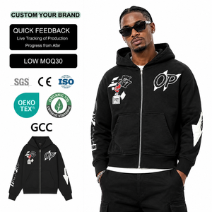 Wholesale Custom Printed Cropped Oversized Graphic Hoodies 100% Cotton 500gsm Rhinestone Design Men Washed Full Zip Hoodie - Product Image 1