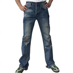 Jeans vintage baggy pour homme, style droit, délavé foncé, peint, évasé, boutonnière, streetwear, automne - Product Image 1