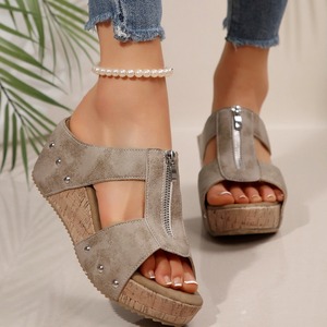 Sandales de plage pour femmes, été, décontractées, à semelle épaisse, avec fermeture éclair et talon compensé - Product Image 1