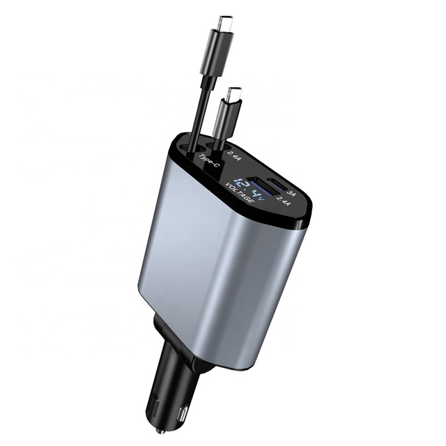 Retractable Car Charger 4 in 1 Fast Car Phone Charger 120W Max 2 Retractable Cables USB PD Output Voltage Display 80cm Cable