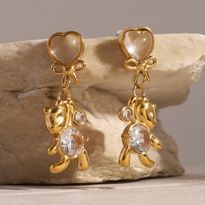 Drop Earrings Gold Plated Bear Charm Heart White Stone Bezel Setting <b>Gift</b> Jewelry - Product Image 2