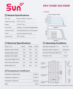แผงโซลาร์เซลล์แบบโมโนคริสตัลไลน์ชนิด N-Type แบบ Bifacial ครึ่งเซลล์ กำลังไฟ 530W 540W 550W ประสิทธิภาพสูง พร้อมประสิทธิภาพการแปลงพลังงาน 21.3% รุ่น SR4-72HBD 530-55 - Product Image 5