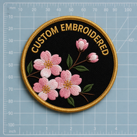 Badge thermocollant personnalisé en tissu PVC noir et or, brodé en chenille 3D, motif fleur de cerisier Sakura, lettre anglaise et cœur, pour chapeaux