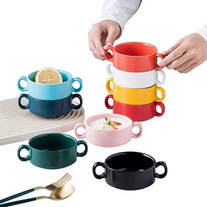 Tazón de Cerámica con Doble Asa, Esmalte de Color, Apto para Microondas, Estilo Nórdico Minimalista, Tazón para Niños para Huevos al Vapor, <span class=keywords><strong>Desayuno</strong></span>, Avena - Product Image 1