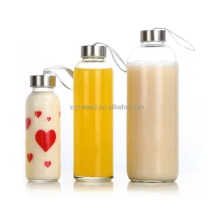 Cylinder Transparent Glass Water Bottle with Bamboo/Stainless Screw lid 300ml 500ml 750ml 1L