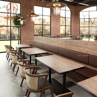 Table rectangulaire en bois avec pieds en métal et chaises en rotin en bois avec dos tissé Ensemble de meubles de café et de restaurant pour café