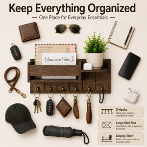 Rustic Solid Wood Wall Key <strong>Rack</strong> 5 Hooks Double Tier <strong>Shelf</strong> Living Room Organizer Hidden Mounting OEM Logo - Product Image 4