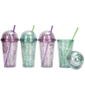 Shang Kou Ai 16oz <b>Double</b> <b>Wall</b> Plastic Straw Cup With Round Lid Reusable Travel <b>Mug</b> For General Use - Product Image 2