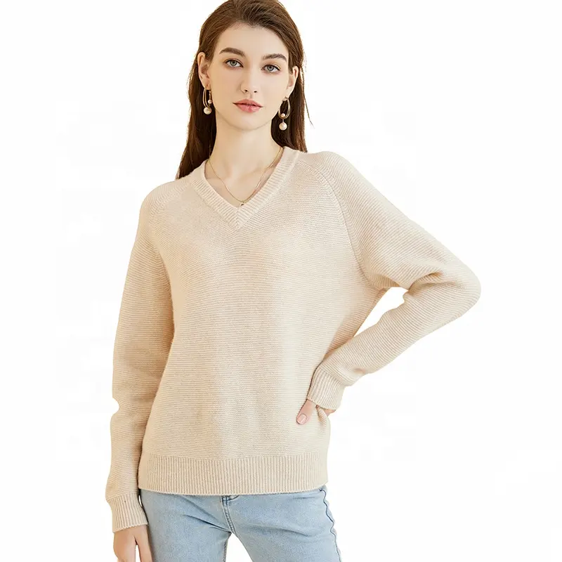 Fall Layered Wool Cashmere V Collar Pullover Knitted Merino Wool Top Embroidered Sweater for Women