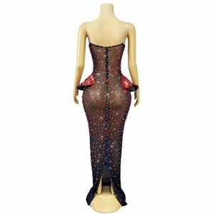 Abito lungo sexy dorato con spalline sottili, cut-out <span class=keywords><strong>e</strong></span> cristalli, aderente, con strass, in rete trasparente, ad asciugatura rapida, per donna, costume da palcoscenico, da <span class=keywords><strong>sera</strong></span> - Product Image 2