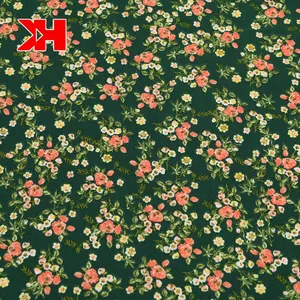 Geri dönüşümlü toptan yeşil çiçek spandex polyester POLY yün şeftali baskı kumaş elbise için
