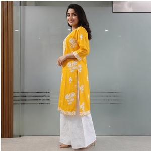<b>Women</b> Yellow Embroidered <b>Kurta</b> Palazzo Set Cotton Ethnic Wear Traditional Designer Kurti Set for Casual Festive Wear - Product Image 4