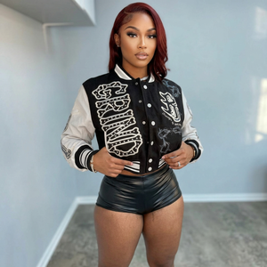 Women's Regular <b>Varsity</b> Casual Streetwear Baseball Coat With Allover Print Double Layer Ribbed Single Breasted - Product Image 1