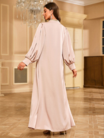 Robe de soirée minimaliste pour femmes, col rond, manches bishop complètes, satin, tunique arabe, avec broderies dorées et décorations de perles