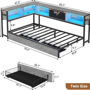 Cross-border metal wrought iron <b>bed</b> frame, simple corner floor-standing single <b>bed</b> with <b>LED</b> ambient lighting and drawer storage. - Product Image 3