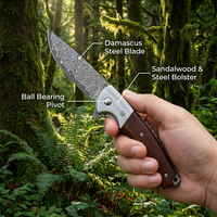 Couteau pliant Damas personnalisé avec logo, couteau tactique de poche pour l'extérieur, couteau utilitaire de camping, couteau à ouverture assistée, manche en bois DM038