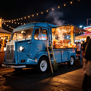 Camion de restauration mobile électrique Citroën rétro vintage avec comptoir de cuisson électrique commercial pour saucisses, idéal pour les bourses nocturnes - Product Image 1
