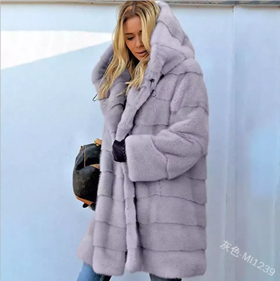 Модное Длинное однотонное свободное плюшевое пальто в европейском и американском стиле с капюшоном, теплое пальто с имитацией меха на осень и зиму