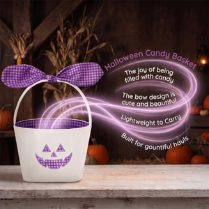 Panier à bonbons Halloween en toile à carreaux motif citrouille pour déguisement de citrouille, idéal pour la décoration d'Halloween - Grande Vente - Product Image 5