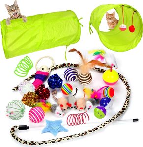 Surtido de Juguetes Interactivos de Plástico para Gatos: Varita con Plumas, Ratón de Peluche, Túnel de Doble Vía y Pelotas con Sonido para Gatitos - Product Image 1