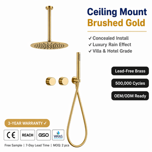 Sistema de ducha empotrado de níquel cepillado con cabezal de lluvia redondo montado en la pared y ducha de mano, control de doble perilla, latón para baño - Product Image 1
