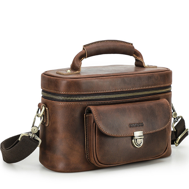 Genuine Leather Camera Bag-Portable Multi-Function Travel Storage Case Shockproof Design Zipper Closure Shoulder/Crossbody Strap