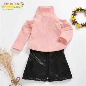 Kleinkind Kinder Baby Mädchen Kleidung Set Rosa Pullover Tops Schwarz PU Leder Mini Rock kleidung sets