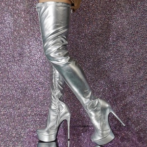 Large Size 47 Women Silver Side Zipper Long Boots Extreme Slim <b>Heels</b> Platform Over the Knee Booties Pole Dancer Shoes - Product Image 1
