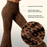 Celana Yoga Wanita High-Waisted Motif Leopard Model Bootcut, Bahan Spandex/Nylon Bernapas, Anti Kusut, Panjang, Ukuran XS