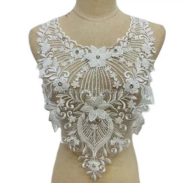 Blanc tridimensionnel perlé paillettes dentelle fleur autocollants haut de gamme bricolage costume décolleté robe voile décoration accessoires
