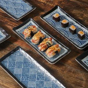 Wholesale Japanese Design Vintage <b>Ceramic</b> Rectangular Food Serving <b>Plates</b> Blue Wave 8 10 Inch Dessert Sushi <b>Plate</b> for Restaurant - Product Image 1