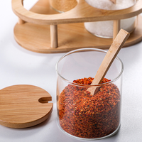 Juego de tarros de especias de vidrio hechos a mano con tapa de bambú y soporte para cuchara, sin BPA, de borosilicato, organizador de condimentos para cocina (sal, azúcar, pimienta)