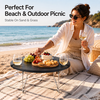 Kompakter Klappbarer Camping-Tisch Runder Bambus-Tisch Schlanker Kleiner Tragbarer Outdoor-Picknicktisch für Strand und Garten mit Weinglashaltern
