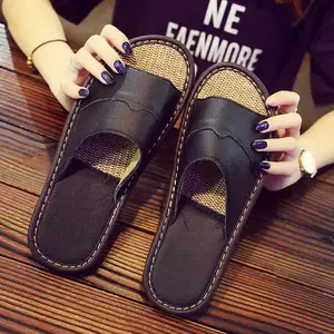 Großhandel Leder Soft Close Toes Hausschuhe für Frauen Leinen Schwarz Hausschuhe Anti Slip Wasserdichte Slides Hausschuhe Mann