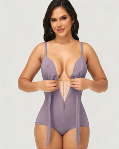 Maillot de bain une pièce gainant pour femme avec fermeture éclair frontale et nœud, effet ventre plat et amincissant, pour la plage - Product Image 5