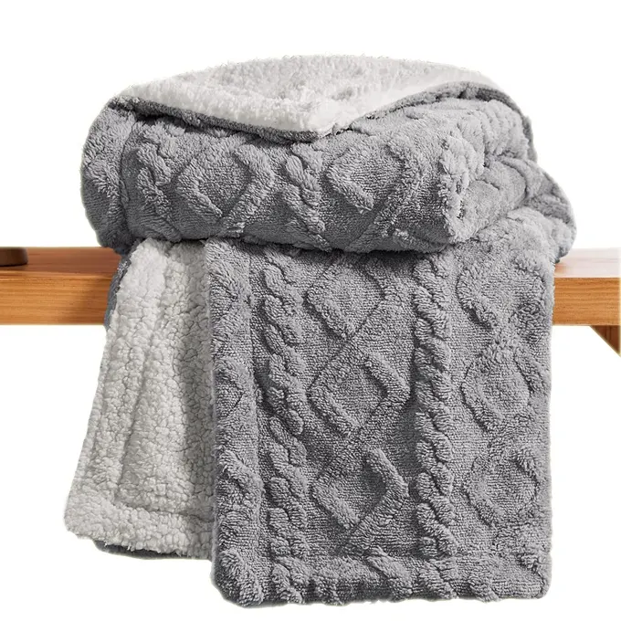 Soft cozy thick warm 3d jacquard sherpa throw bed blanket for winter