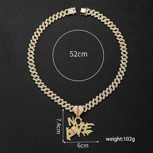 Collana da Uomo Personalizzata Stile Hip-hop con Catena Cubana, Diamanti e Ciondolo a <span class=keywords><strong>Cuore</strong></span> <span class=keywords><strong>Spezzato</strong></span> con Scritta NO LOVE, Vendita all'Ingrosso - Product Image 5