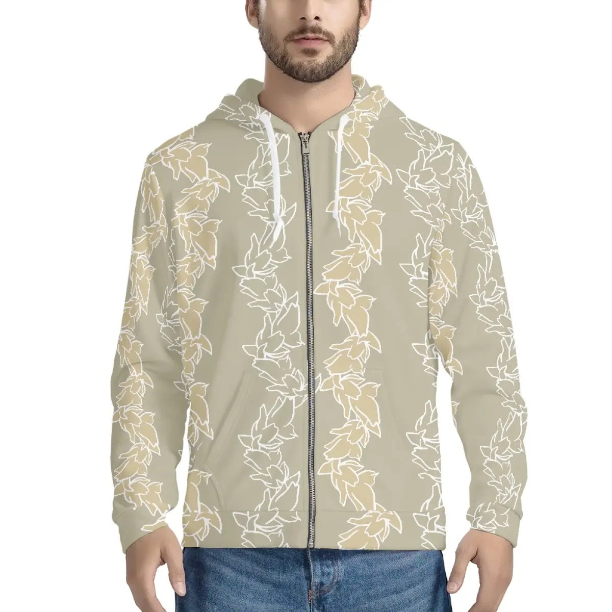 Print On Demand Custom Plus Size Men's Hooded Coat Pikake Lei Hawaiian Thin Zipper Hoodie For Men