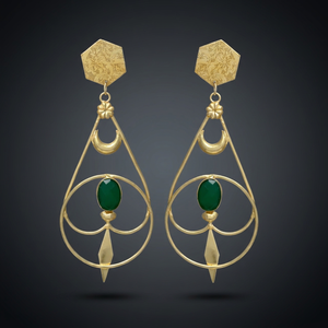 Boucles d'oreilles pendantes en laiton plaqué or avec pierre précieuse onyx vert, faites à la main, style ethnique, pour femmes et unisexe - Product Image 3